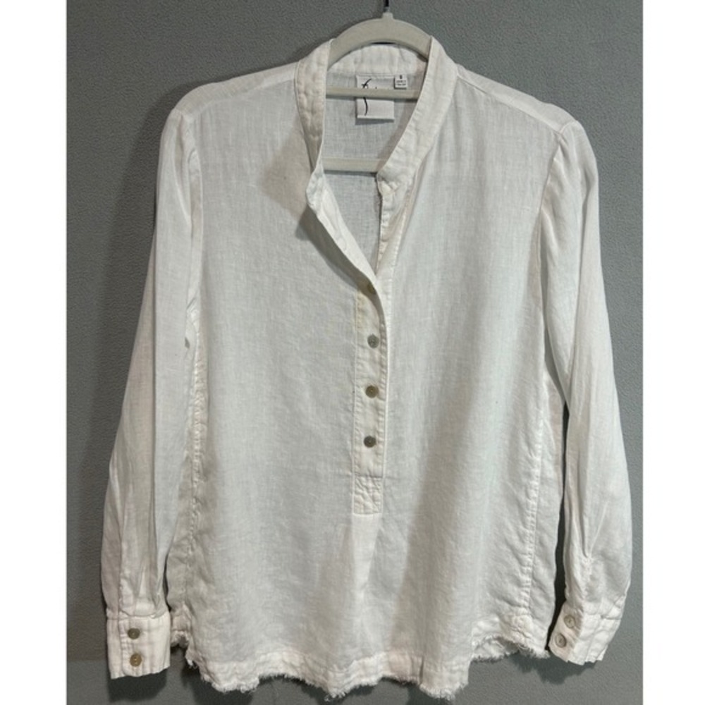 Finley Linen Blouse Women Size S White Long Sleeve Frayed Hem Henley Top